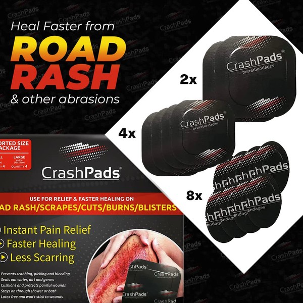 Assorted CrashPads® Adhesive Bandages for Road Rash, Raspberries, Cuts, Scrapes and Burns (Crash Pads roadrash Dressing) [14pcs: 2-Large, 4-Medium and 8-Small]