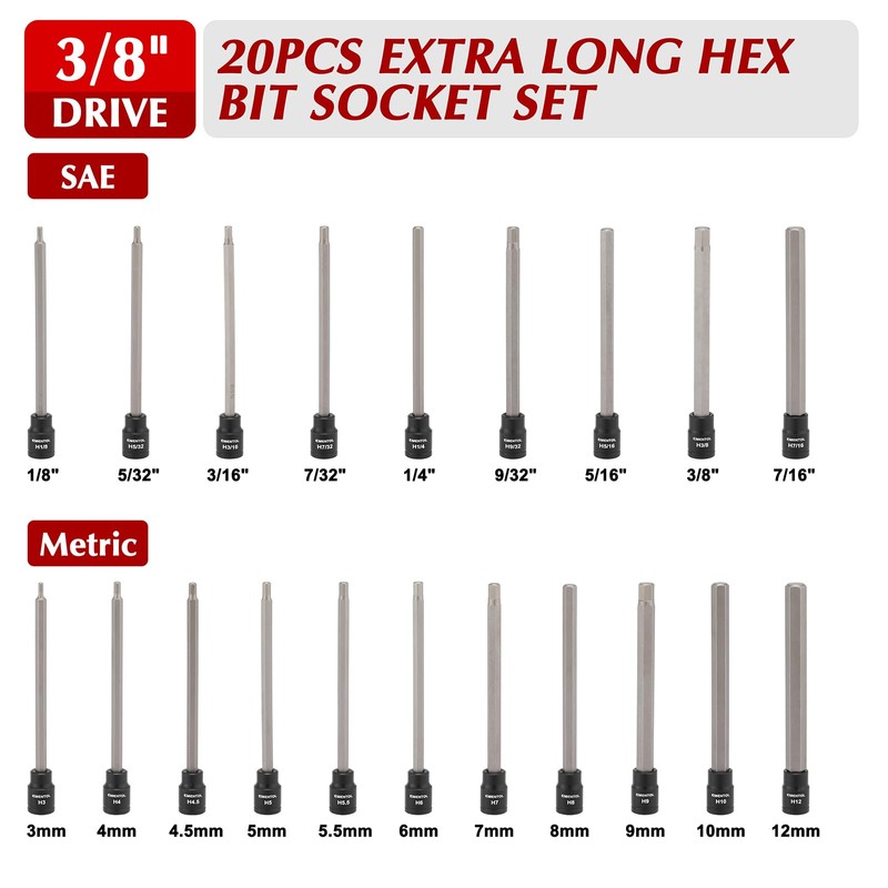 EMENTOL 20PCS 3/8-Inch Drive Hex Bit Long Socket Set, Allen