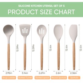 Herogo 5-Piece Cooking Utensils Set, Silicone Kitchen Utensils Set with Wooden Handle, Heat Resistant Cooking Tools Slotted Turner, Spoon, Soup Ladle, Spatula, Spoonula for Nonstick Cookware, Khaki