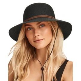 FURTALK Womens Wide Brim Sun Hat with Wind Lanyard UPF Summer Straw Sun Hats for Women Black