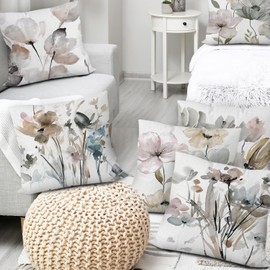 Brown White Grey Pillow Covers 16x16 Set of 6, Watercolor Flower Throw Pillow Cover for Couch, Modern Floral Cushion Cover for Sofa Bedroom Living Room Farmhouse Home Decor