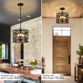 3-Light Farmhouse Black Chandelier for Dining Room Lighting Fixtures, 12.6'' Rustic Drum Ceiling Hanging Pendant Light for Foyer Entryway Kitchen Bedroom, Black with Wood-Grain Metal Interior