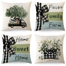 Sweet Home Throw Pillow Covers 18x18 Set of 4 Farmhouse Pillow Covers Natural Cushion Cases Decorative Pillowcases for Sofa Couch Living Room Outdoor Home Decor