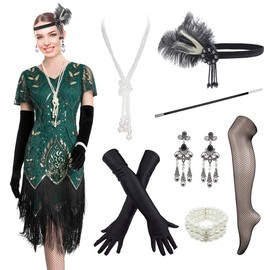 1920s Art Deco Fringed Sequin Dress 20s Flapper Gatsby Costume Dress W/ 20s Accessories Set (Medium, Style Floral Gold Green)