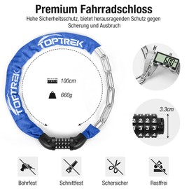 toptrek Bicycle Combination Lock, Bicycle Lock High Security with 5 Digit Combination Code, 6 mm x 100 cm Steel Chain Links Chain Lock for Bicycle/Motorcycle/E-bike/Scooter (Dark Blue)