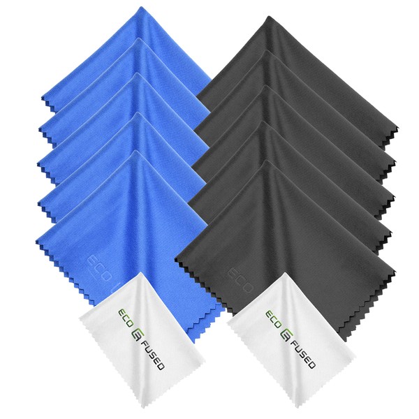Eco-Fused Microfiber Cleaning Cloth - 6 x 7 Blue/Black Microfiber Cloth with White Cleaning Cloth - 12 Pack Microfiber Cleaning Cloth for Glasses & Camera Lens
