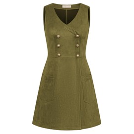 Belle Poque Women's Vintage V-Neck Double Breasted Bib Dress with Pockets, dark green