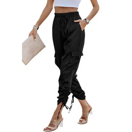 PRETTYGARDEN Women's Satin Jogger Pants Casual High Waist Long Lounge Pant Trousers with Pockets (Z_Black,Medium)