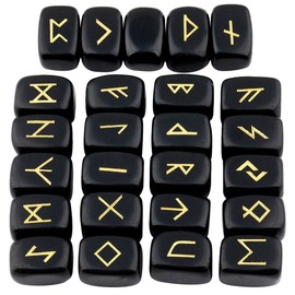 mookaitedecor Rune Stones Set with Engraved Elder Futhark Alphabet Crystal Meditation Divination,Black Obsidian