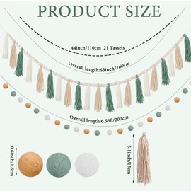 SmoothNovelty 2 Pcs Boho Tassel Garland Decor Include 1 Boho Tassel Garland with Wood Beads and 1 Colorful Pom Pom Ball Wall Hanging Banner for Nursery Classroom Baby Shower Decor(Sage Green)
