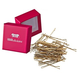 HAARallerliebst Hair Clips (Pack of 50 | Gold Glitter | 5 cm) with Box for Storage (Box Colour: Pink) (Box Colour: Pink)