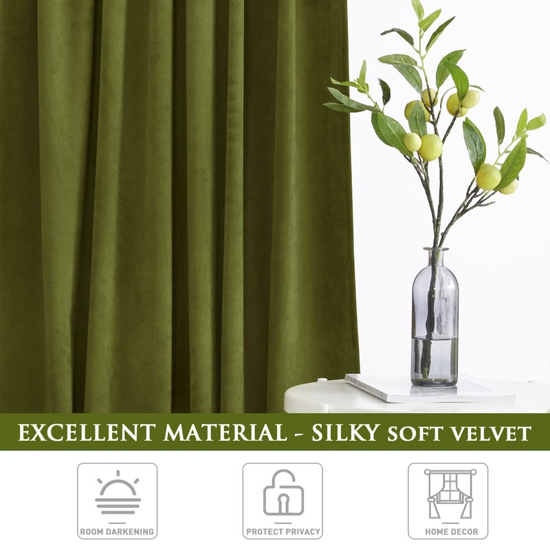 StangH Olive Green Velvet Curtains for Bedroom, Back Tab Light