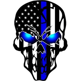 Pack of 2 Reflective US Flag with Thin Blue Line Skull Honoring Police Law Enforcement vinyl Sticker Decal For Cars Bumper Trucks Van SUVs Window Wall Boat Cup Tumblers Laptops or Any Smooth Surface