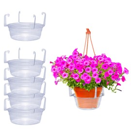 Curtis Wagner Plastics Hanging Basket Drip Pans (5-Pack) | Clear, Round (Diameter = 7.37" Base, 10" Top, 3.7" Depth) Hanging Plant Tray Saucer with Built-in Hooks & Water Catcher for Indoor & Outdoor