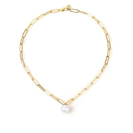 PERLVOYA Large Pearl Paperclip Chain Necklace for Women, 12-13mm AAAA Freshwater Pearl, 18K Gold PVD-Coated Stainless Steel, Adjustable Chain