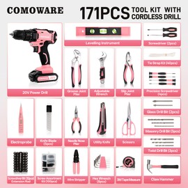 COMOWARE 20V Cordless Drill Set, 171Pcs Pink Home Tool Set with Cordless Drill Driver, Complete Repair Tool Kit for Women, Pink Storage Bag, Ideal for Office, Garden, DIY Project