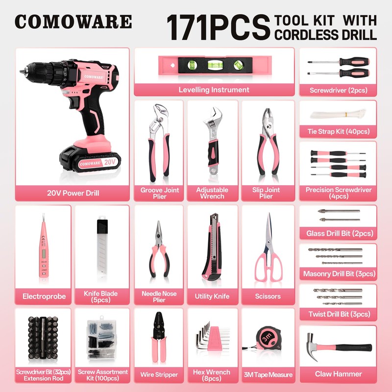 COMOWARE 20V Cordless Drill Set, 171Pcs Pink Home Tool Set