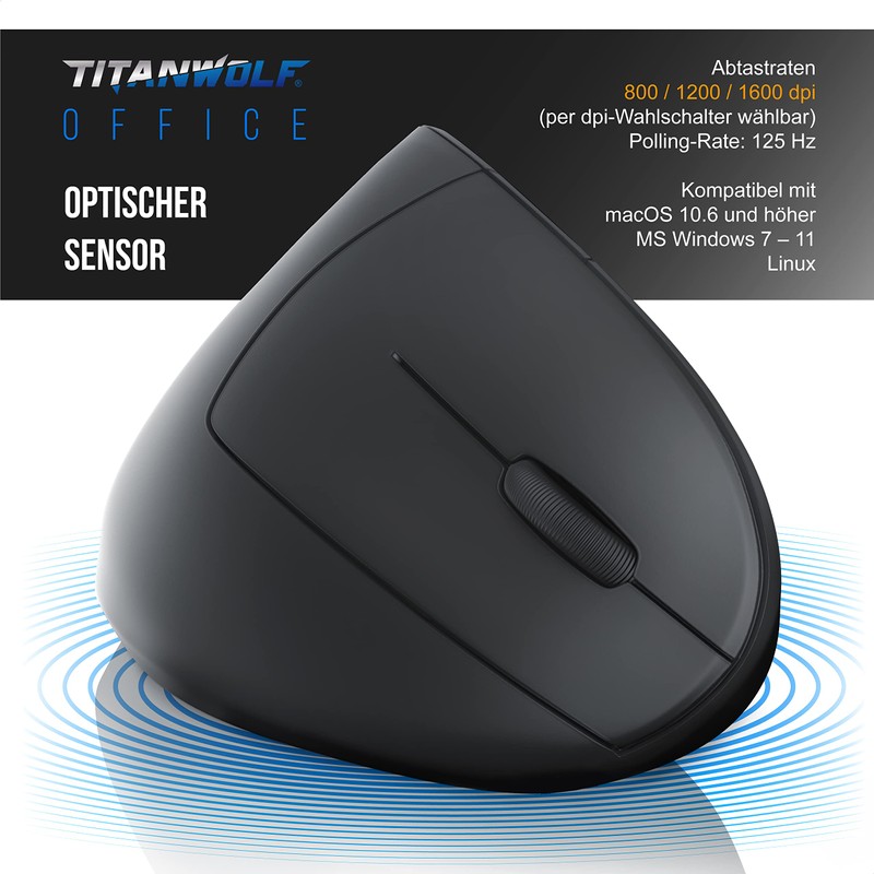 Titanwolf - Maus Vertikal Wireless - ergonomische Funk Vertikalmaus 2,4