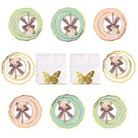 EiPibaibyi 168PCS Disposable Party Plates Set - 24 Blue/White/Pink/Green 9” & 7” Paper Plates, 48 Napkins, 24 Forks, 24 Knives, 24 Spoons - Perfect for Birthday, Wedding, Picnic & Holiday Events