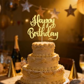 happy birthday Cake Topper, Happy Birthday Cake Bunting Decor,Birthday Party Decoration Supplies，Photo Booth Props (Gold)