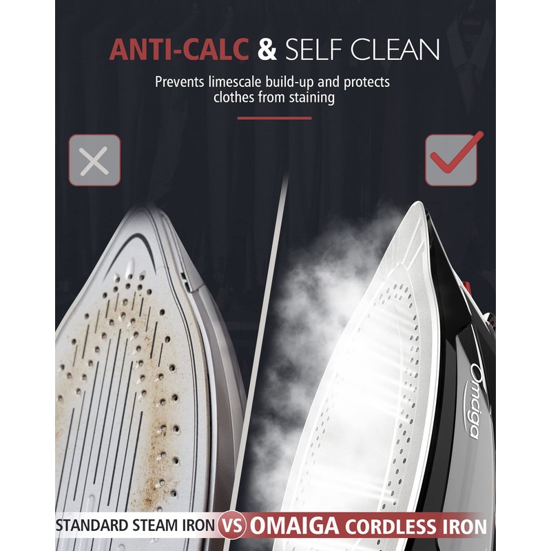 OMAIGA Cordless Iron for Clothes, 1500W Steam Iron Rapid Heating,