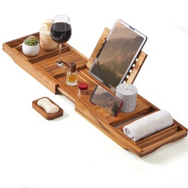 XcE Teak Bathtub Tray Expandable to 105cm with Solid Book Stand and Soap Tray, Teak