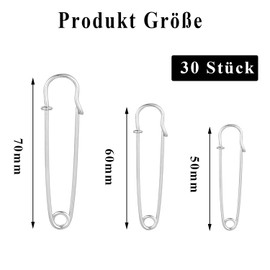 Canollo Safety Pins Large Pack of 30, 7 cm 6 cm 5 cm, Metal Large Safety Pin for Attaching and Sewing Clothing and Crafts, Large Safety Pins for Brooches Making (Silver)