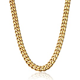 18K Gold PVD Plated Cuban Link Chain Neckalce for Women Men 9mm Miami Curb Chain Choker Necklace, 316L Stainless Steel 16 Inches