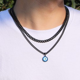 RS Layered Evil Eye Necklaces for Men Boys Layering Stainless Steel Blue Third Pendant Chain Necklace Jewelry Gifts Teen Teenage Him Son Black
