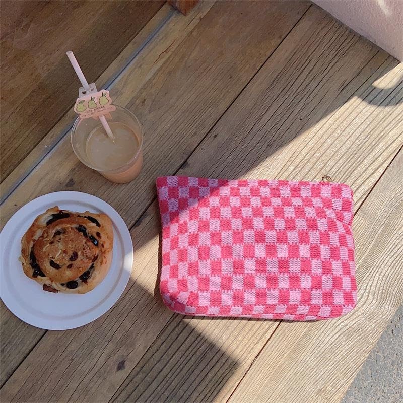 PAZIMIIK Knit Checkered Makeup Bag Large Zipper Make Up Accessory