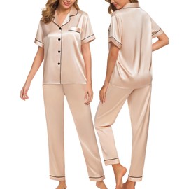 SWOMOG Women Satin Pajamas Set Short Sleeve Top & Pants Sleepwear Silky Button Down Nightwear 2pcs Loungewear Pjs Set Champagne Large