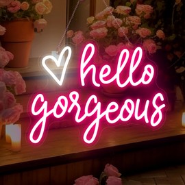 Hello Gorgeous Neon Sign for Wall Decor Led Neon Light Heart Decorative for Girl Bedroom Birthday Wedding Party Romantic Art Wall Lights Gifts USB Powered Acrylic Light for Beer Bar Club