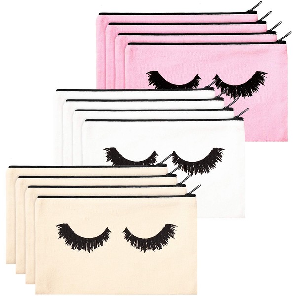 12 Pieces Eyelash Makeup Bags Cosmetic Canvas Bags Multipurpose Makeup Pouch Cases Zipper Toiletry Bag for Women Girls (7.09 x 4.3 Inch)