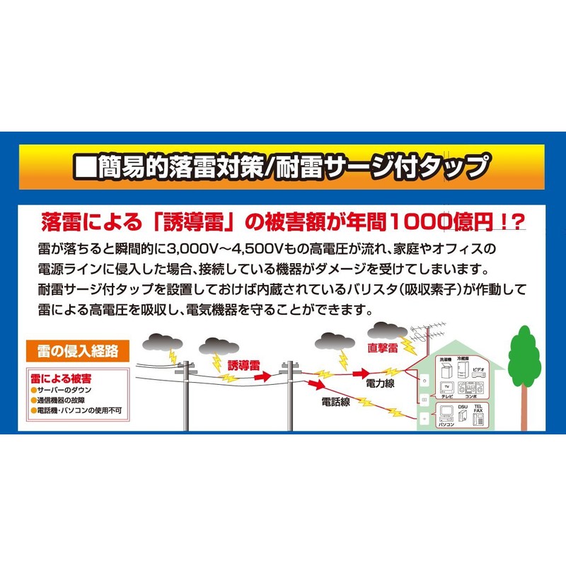 エルパ (ELPA) サージ付タップ コンセント 雷ガード 耐雷 3個口 125V 15A 節電