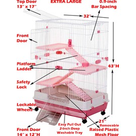 Pink Extra Large Multi-Level Indoor Small Animal Pet Cage for Guinea Pig Ferret Chinchilla Cat Playpen Rabbit Hutch with Solid Platform & Ramp Leakproof Litter Tray Large Access Doors Lockable Casters