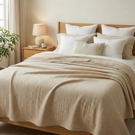 100% Cotton Soft Muslin Blankets for Adults, 6-Layer Lightweight King Size Blanket for Bed, Pre-Washed Breathable Gauze for Bed Layering, All Season Comfort, Linen Beige 108"x90"