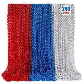 240PCS 4th of July Accessories, 33" Red Silver Blue Beads Bulk, Patriotic Beads Necklaces, 4th of July Necklace for Patriotic Day Memorial Day Independence Day Decor Parades Party Supplies