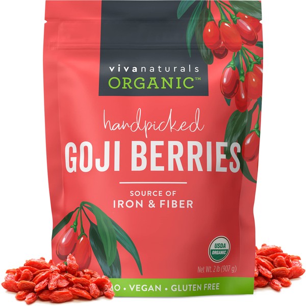 Viva Naturals Organic Dried Goji Berries, 2 Lb- Non-GMO And Vegan Wolfberries, Perfect For Baking, Smoothies, Teas And Healthy Snacks For Adults, Goji Berries Organic (907 g)