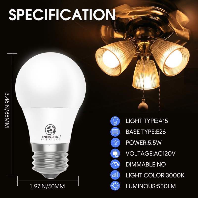 Energetic 5.5W A15 LED Bulb, 40 Watt Equivalent, Refrigerator Bulb,