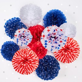 EASY JOY Red White Blue 4th of July Patriotic Decorations American Patriotic Tissue Paper Pom Pom Independence Day Party Decoration Independence Day USA Party Supplies Memorial Ve Day 80th Anniversary