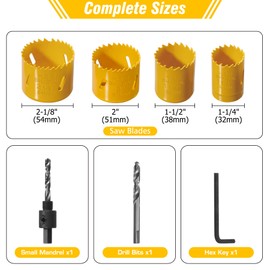Becowin Bi-Metal Hole Saw Kit: 7-Piece Hole Saw Set with 1-1/4" to 2-1/8" Saw Blades - Size 32 38 51 54 Hole Drill Cutter, Mandrels, Drill Bit, Hex Key - for Metal, Hard Wood, Drywall, PVC Cutting