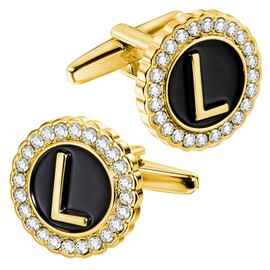 HAWSON A-Z Initial Cufflinks for Men and Women with Clear Crystal, 18K Gold Rasied Letter A-Z Cuff Links for French Shirt, Gift for Normal and Business Wearing