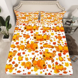 Fall Pumpkin Bed Sheets Queen Autumn Maple Leaves Bedding Set Thanksgiving Harvest Season Decor Sheet Set For Home,Rustic Farmhouse Sunflower Fitted Sheet Orange White Flat Sheet + 2 Pillow Cases