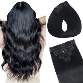 Clip in Hair Extensions Real Human Hair, Seamless Human hair Clip ins Extensions for Women Invisible Straight 8Pcs Double Weft Jet Black 14inch 80g