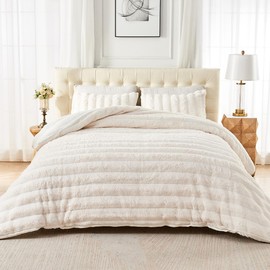 Gusuhome Fluffy Faux Rabbit Fur Comforter Cover Set King Size - Ultra Soft Plush Bedding Set - Luxury Striped Ivory White Fuzzy Duvet Cover - 3PC(Duvet Cover x1 Pillow Shamsx2) - Zipper Closure