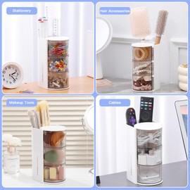 FABROK Organizador de accesorios para el cabello transparente de 3 capas con soporte para cepillos de pelo, caja de joyería pequeña giratoria para aretes de clip y collares, organizador de escritorio