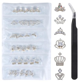 WOKOTO 30 Pcs 3D Alloy Crown Nail Charms For Nail Art 3D Decoration Set Silver Crown Nail Studs Rhinestones Clear Crystals Manicure Jewelry With 1pc Tweezers For Actylic Nails