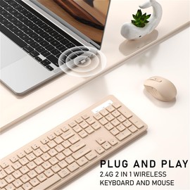 Wireless Keyboard and Mouse, 2.4GHz Cordless Keyboard Mouse Combo, Optical Mouse, Plug and Play USB Receiver, Compatible with Windows, Mac, Laptop, and PC（Milk Tea）