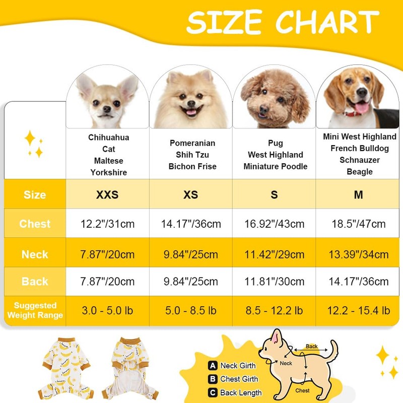 Small Size Dog Pajamas, Yorkie Chihuahua Pjs, Stretchable Banana Design