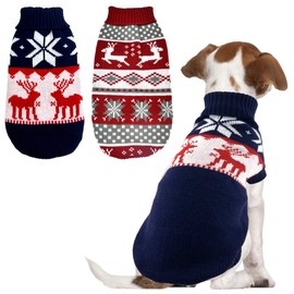 Vehomy 2Pcs Pet Puppy Christmas Jumpers Cat Sweater Kitten Knitwear Dog Xmas Clothes Navy Blue and Christmas Red Sweaters with Reindeers Snowflakes Pattern for Kitten Cat Puppy Dog XXL